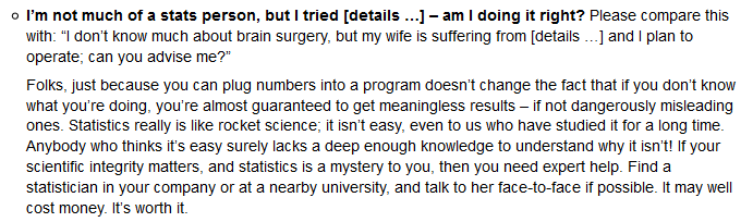 Prof. Lenth's comment on the difficulty of statistics